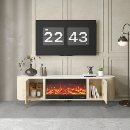 200 cm Modern Beige Electric Fireplace Storage TV Stand Sintered Stone Top with Remote Control - thumbnail 3
