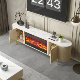 200 cm Modern Beige Electric Fireplace Storage TV Stand Sintered Stone Top with Remote Control - thumbnail 6