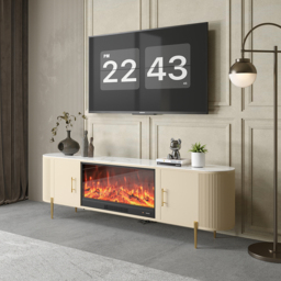 200 cm Modern Beige Electric Fireplace Storage TV Stand Sintered Stone Top with Remote Control - thumbnail 2
