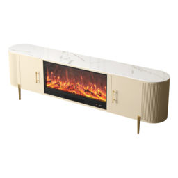 200 cm Modern Beige Electric Fireplace Storage TV Stand Sintered Stone Top with Remote Control - thumbnail 9
