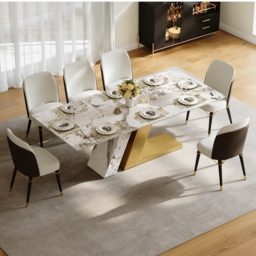Modern 2200mm Rectangle Sintered Stone Dining Table with 8 Chairs in Gold - thumbnail 2