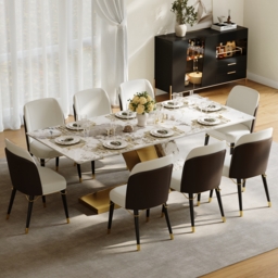 Modern 2200mm Rectangle Sintered Stone Dining Table with 8 Chairs in Gold