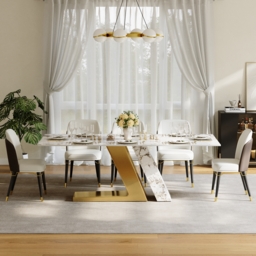Modern 2200mm Rectangle Sintered Stone Dining Table with 8 Chairs in Gold - thumbnail 3