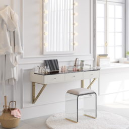 Glass Modern Floating Dressing Table with Tempered Top & Drawers Wall Mounted Beauty Station - thumbnail 2