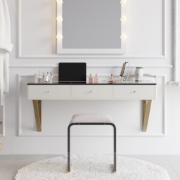 Glass Modern Floating Dressing Table with Tempered Top & Drawers Wall Mounted Beauty Station - thumbnail 4