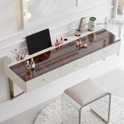 Glass Modern Floating Dressing Table with Tempered Top & Drawers Wall Mounted Beauty Station