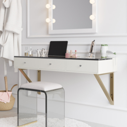 Glass Modern Floating Dressing Table with Tempered Top & Drawers Wall Mounted Beauty Station - thumbnail 3
