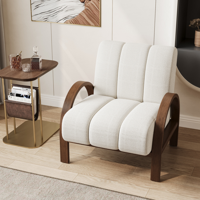 Mid Century Modern Boucle Accent Chair White Modular Lounge Chair with Ash Solid Wood Frame - image 1