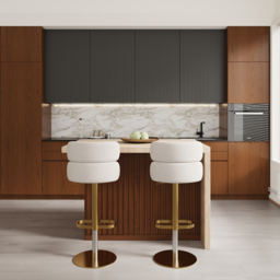 1270mm Modern Kitchen Island Walnut Laminate & 2 Counter Stools Set Storage Cabinet - thumbnail 2