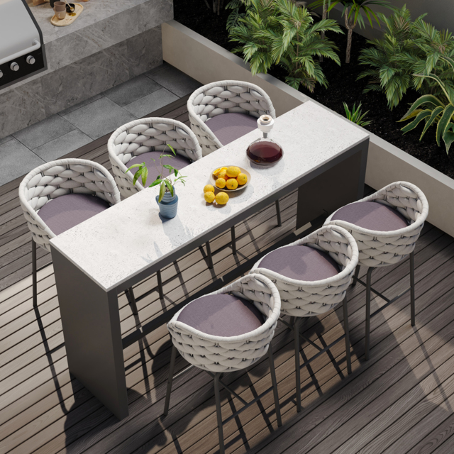 7-Piece Garden Sintered Stone & Aluminium Bar Dining Set with 6 Bar Stools in Light Grey - image 1