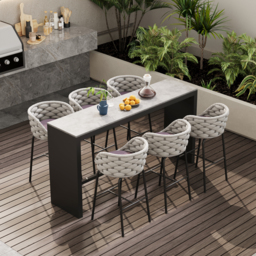 7-Piece Garden Sintered Stone & Aluminium Bar Dining Set with 6 Bar Stools in Light Grey - thumbnail 2