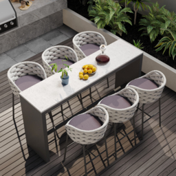 7-Piece Garden Sintered Stone & Aluminium Bar Dining Set with 6 Bar Stools in Light Grey