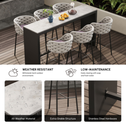 7-Piece Garden Sintered Stone & Aluminium Bar Dining Set with 6 Bar Stools in Light Grey - thumbnail 5