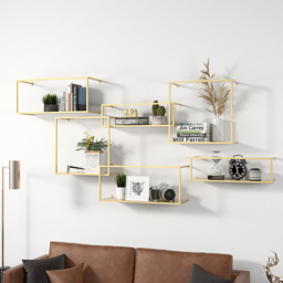 Modern Wall-Mounted Shelving Gold Floating Shelves in Metal Set of 6 - thumbnail 1