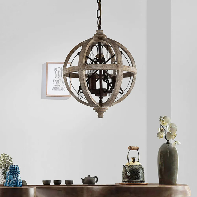 Retro Rustic Weathered Wooden Globe Metal Orb Crystal 3-Light Chandelier Small - image 1