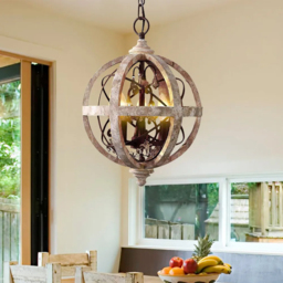 Retro Rustic Weathered Wooden Globe Metal Orb Crystal 3-Light Chandelier Small - thumbnail 2