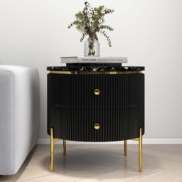 Yelly Modern Round End Table With Storage Black Faux Marble Side Table Gold Legs - thumbnail 6