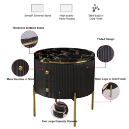 Yelly Modern Round End Table With Storage Black Faux Marble Side Table Gold Legs - thumbnail 8