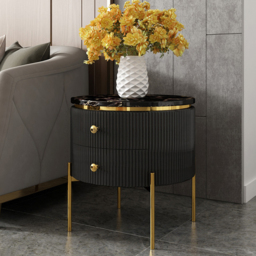 Yelly Modern Round End Table With Storage Black Faux Marble Side Table Gold Legs - thumbnail 1