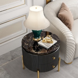 Yelly Modern Round End Table With Storage Black Faux Marble Side Table Gold Legs - thumbnail 2