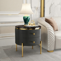 Yelly Modern Round End Table With Storage Black Faux Marble Side Table Gold Legs - thumbnail 3