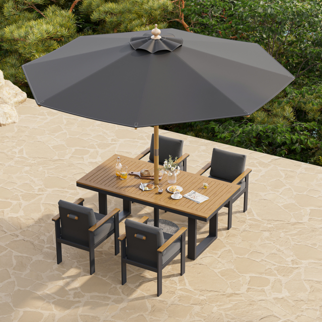 Tevara 6-Piece Rectangular Wood and Aluminium Outdoor Dining Set with Pillar Umbrella - image 1