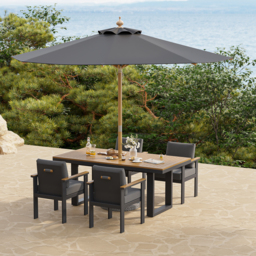 Tevara 6-Piece Rectangular Wood and Aluminium Outdoor Dining Set with Pillar Umbrella - thumbnail 2