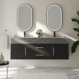 1500mm Black Double Sink Bathroom Vanity with Silver Handles, Floating Design