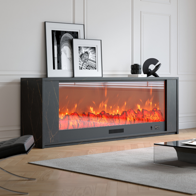 1800mm Modern Black Glass Electric Fireplace TV Stand with Remote Control Temperature Adjustable - image 1
