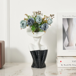 Sculptural Decorative Flower Arrangement, Resin Art Vase with 5-Head Artificial Roses - thumbnail 3