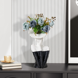 Sculptural Decorative Flower Arrangement, Resin Art Vase with 5-Head Artificial Roses - thumbnail 2
