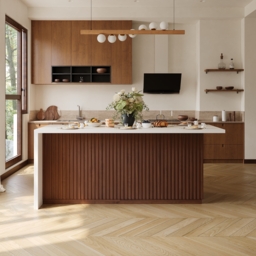 Modern 180 cm Matte Sintered Stone Kitchen Island with Storage, Walnut - thumbnail 7