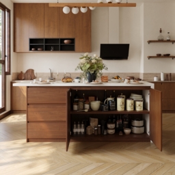 Modern 180 cm Matte Sintered Stone Kitchen Island with Storage, Walnut - thumbnail 5