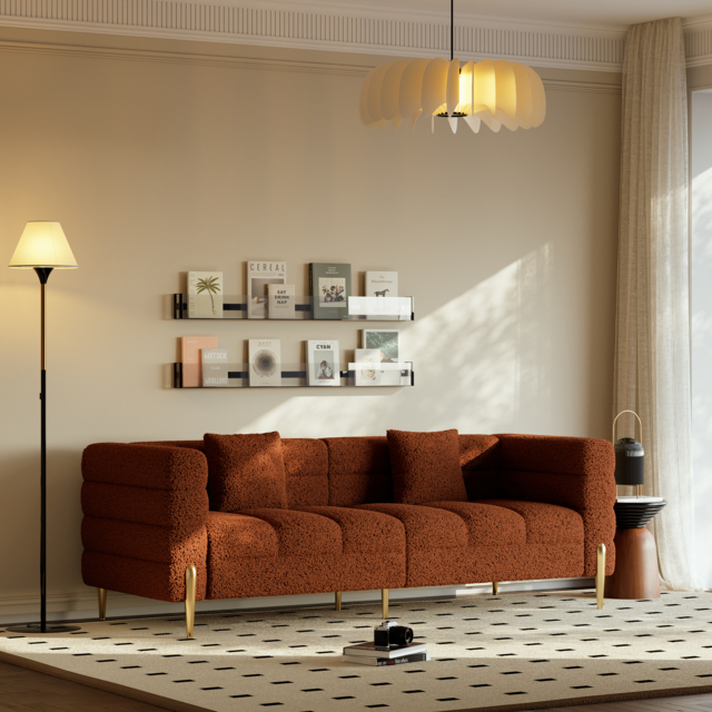 Homary 200 cm Modern Rust Boucle Upholstered Fluted 3-Seater Sofa for Living Room with Pillow - image 1