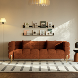 Homary 200 cm Modern Rust Boucle Upholstered Fluted 3-Seater Sofa for Living Room with Pillow - thumbnail 2