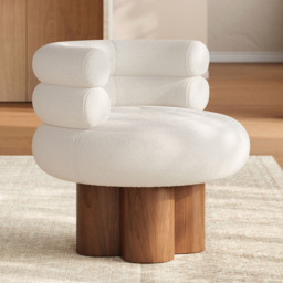 Swivel Solid Wood Base Accent Chair Boucle Armchair for Living Room in White - thumbnail 1
