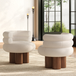 Swivel Solid Wood Base Accent Chair Boucle Armchair for Living Room in White - thumbnail 5