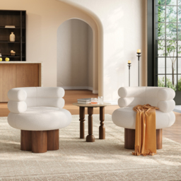 Swivel Solid Wood Base Accent Chair Boucle Armchair for Living Room in White - thumbnail 6
