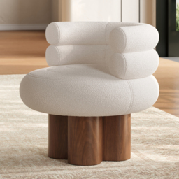 Swivel Solid Wood Base Accent Chair Boucle Armchair for Living Room in White - thumbnail 8