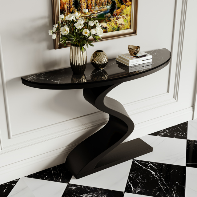 Curved Console Table with Sintered Stone Top Half Moon Shape Entryway Furniture in Black (100 cm Wide) - image 1