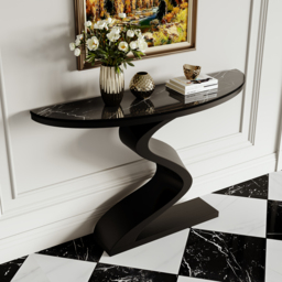Curved Console Table with Sintered Stone Top Half Moon Shape Entryway Furniture in Black (100 cm Wide) - thumbnail 1