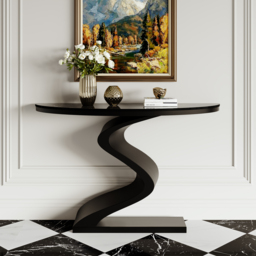 Curved Console Table with Sintered Stone Top Half Moon Shape Entryway Furniture in Black (100 cm Wide) - thumbnail 4