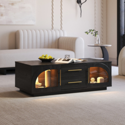 Arune Arched Glass Coffee Table Modern Black Living Room Furniture with Storage and LED Light