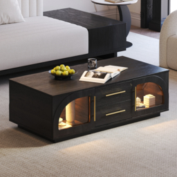 Arune Arched Glass Coffee Table Modern Black Living Room Furniture with Storage and LED Light - thumbnail 3