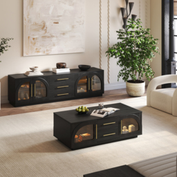 Arune Arched Glass Coffee Table Modern Black Living Room Furniture with Storage and LED Light - thumbnail 8