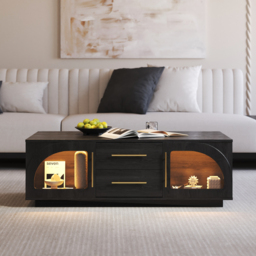 Arune Arched Glass Coffee Table Modern Black Living Room Furniture with Storage and LED Light - thumbnail 2