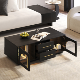 Arune Arched Glass Coffee Table Modern Black Living Room Furniture with Storage and LED Light - thumbnail 4