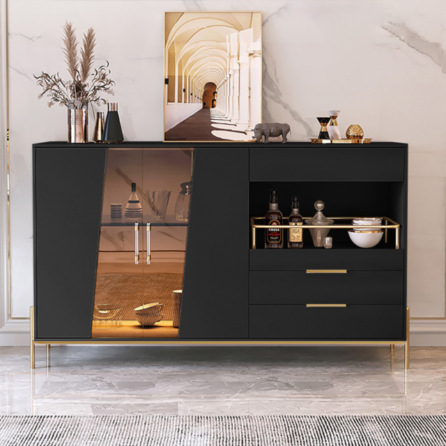 Dolawn Modern 140 cm Black Sideboard Buffet Tempered Glass Doors & Shelf Tray Wine Rack - image 1