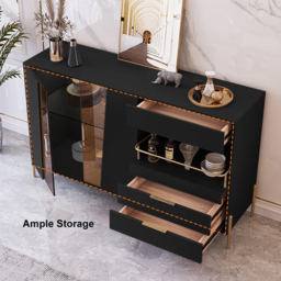 Dolawn Modern 140 cm Black Sideboard Buffet Tempered Glass Doors & Shelf Tray Wine Rack - thumbnail 4