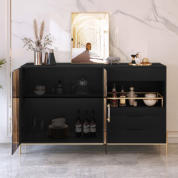 Dolawn Modern 140 cm Black Sideboard Buffet Tempered Glass Doors & Shelf Tray Wine Rack - thumbnail 3